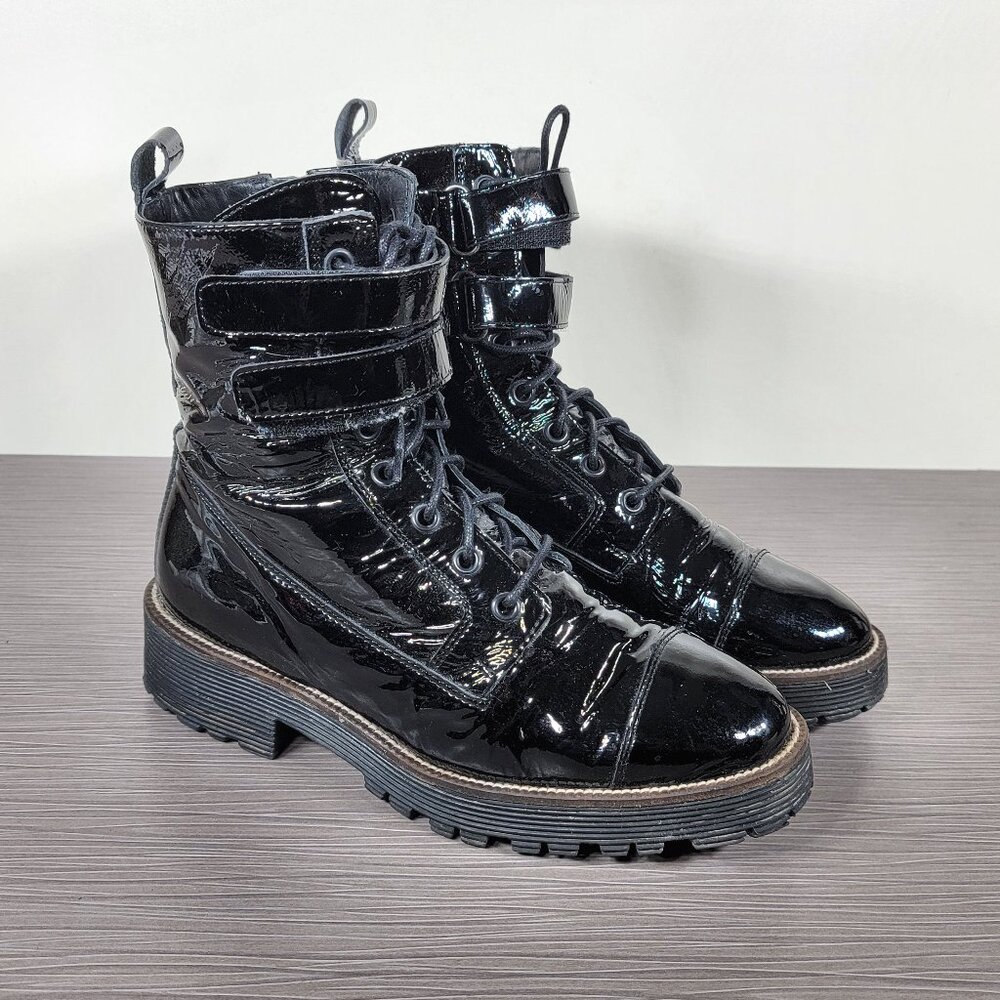 Shellys London Tyra Combat Boots Black Patent Leather, Womens Size 38 (US 7.5-8)